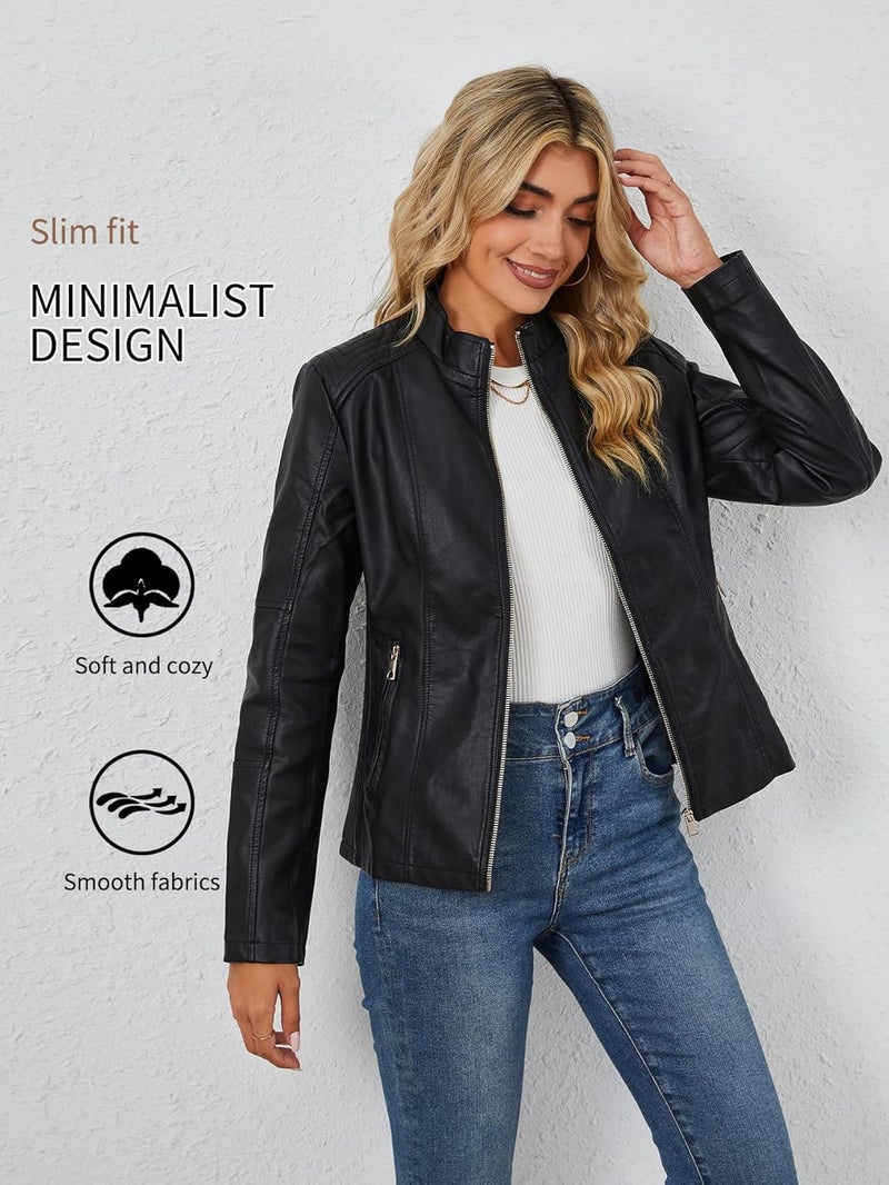 Bellivera Women's Faux Leather Motorcycle Jacket with Pockets - Black, XXL - Image 2