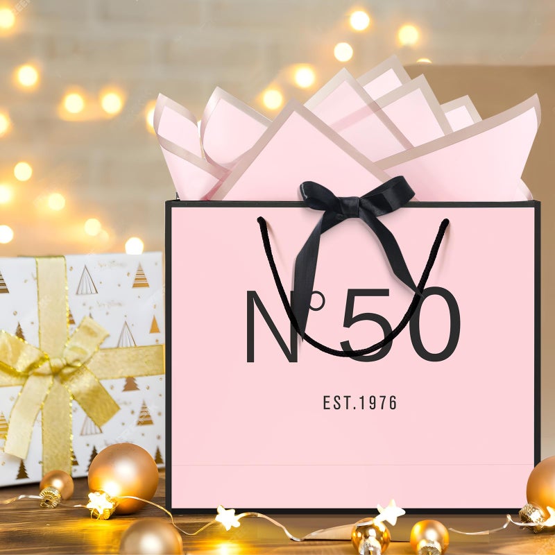 QLSKO 13" Birthday Gift Bag with Card Envelope Sticker Bow Ribbon and Tissue papers for Women Girls Design with Handles,13th-100th (EST.1976 50th, 13" W x 10.5" H x 4.3" D) - Image 5