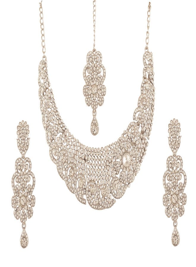 تتش ستون طقم مجوهرات زفاف هندي من حجر الراين الأبيض من تاتشستون، بتصميم هوليوودي، يتضمن قلادة هاسلي للنساء - Image 1