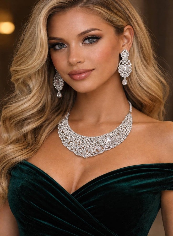 تتش ستون طقم مجوهرات زفاف هندي من حجر الراين الأبيض من تاتشستون، بتصميم هوليوودي، يتضمن قلادة هاسلي للنساء - Image 2