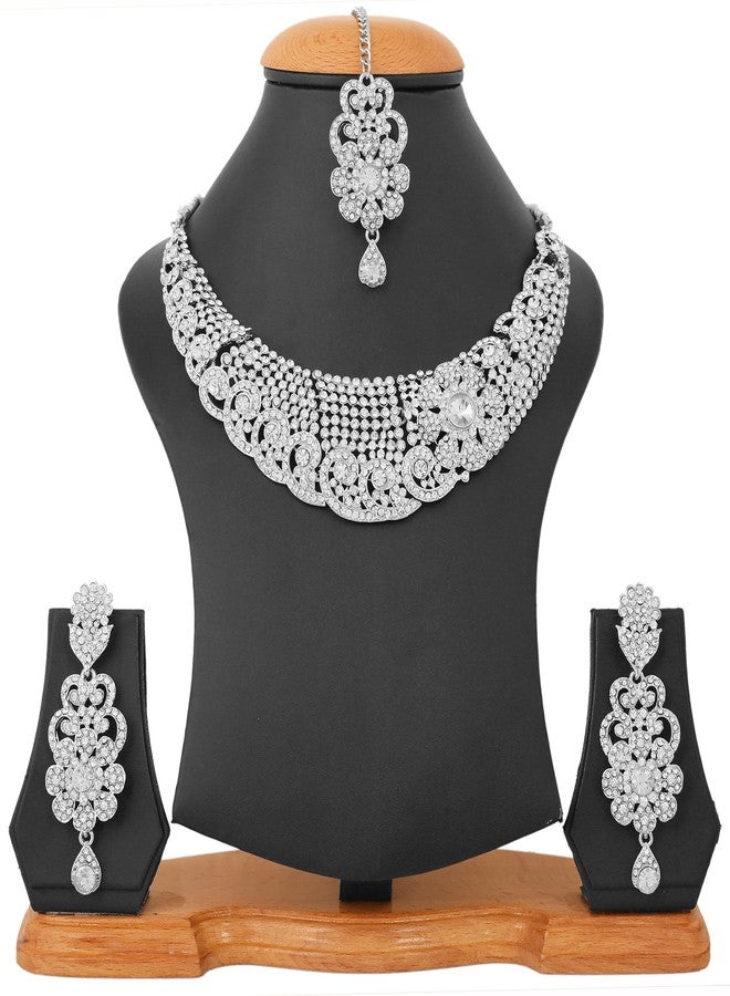 تتش ستون طقم مجوهرات زفاف هندي من حجر الراين الأبيض من تاتشستون، بتصميم هوليوودي، يتضمن قلادة هاسلي للنساء - Image 5