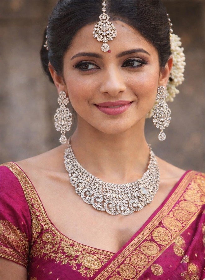 تتش ستون طقم مجوهرات زفاف هندي من حجر الراين الأبيض من تاتشستون، بتصميم هوليوودي، يتضمن قلادة هاسلي للنساء - Image 3