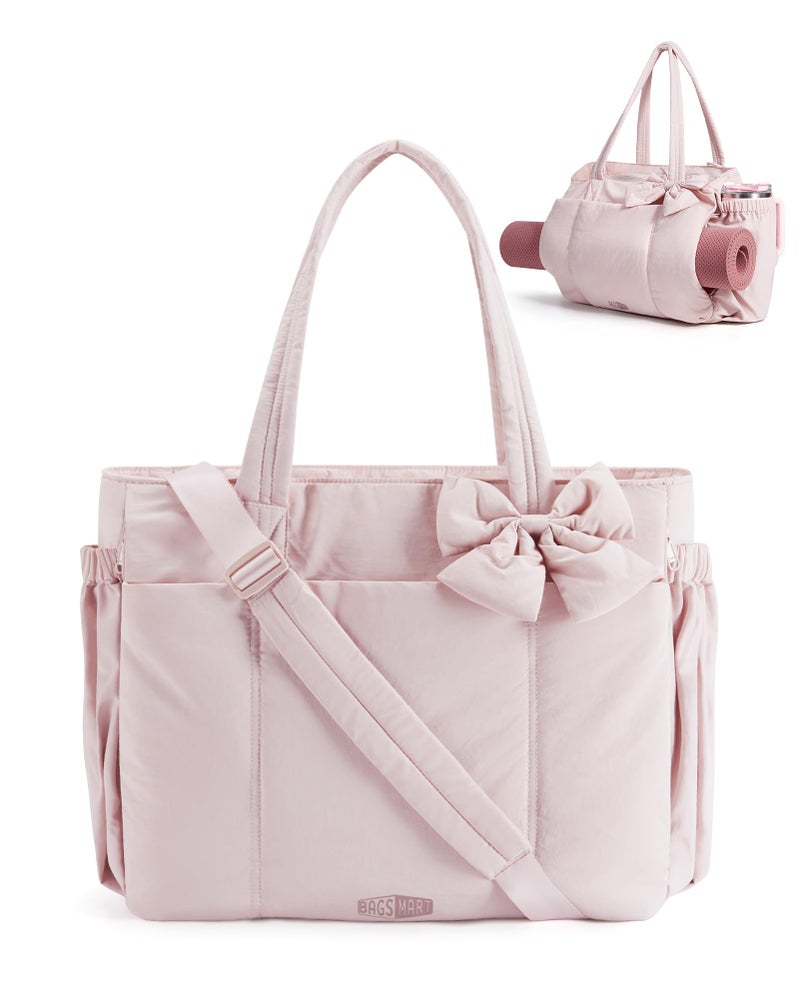BAGSMART Crush Bow Tote Bag for Women Large Work Tote with 40oz Tumbler Puffer Travel Tote Bag for Work Yoga Gym - Image 2