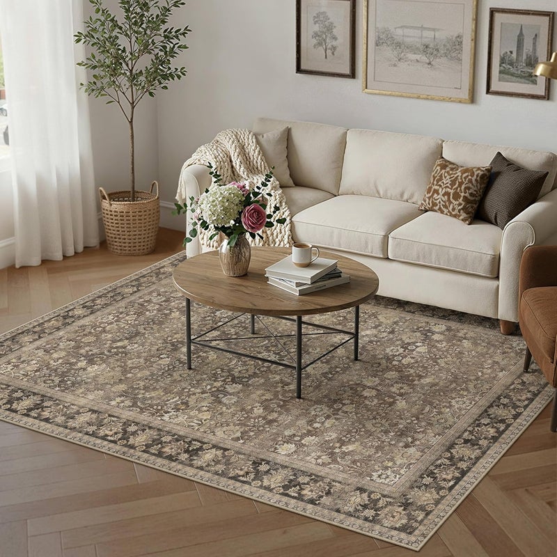 HUGEAR 5x7 Machine Washable Rugs Brown Hallway Area Rug Indoor Accent Rug Floral Low Pile Carpet Soft Throw Aesthetic Rug Bedroom Living Room Office Dining Room Kitchen Laundry Room Non Slip - Image 1