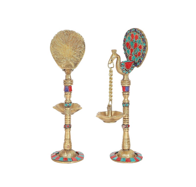 Two Moustaches Gemstone Work Peacock Design 9 Inches Brass Hanging Diya Pair Brass Diyas for Decoration Brass Oil Lamp Brass Diya for Puja Standard Pack of 2 - Image 2