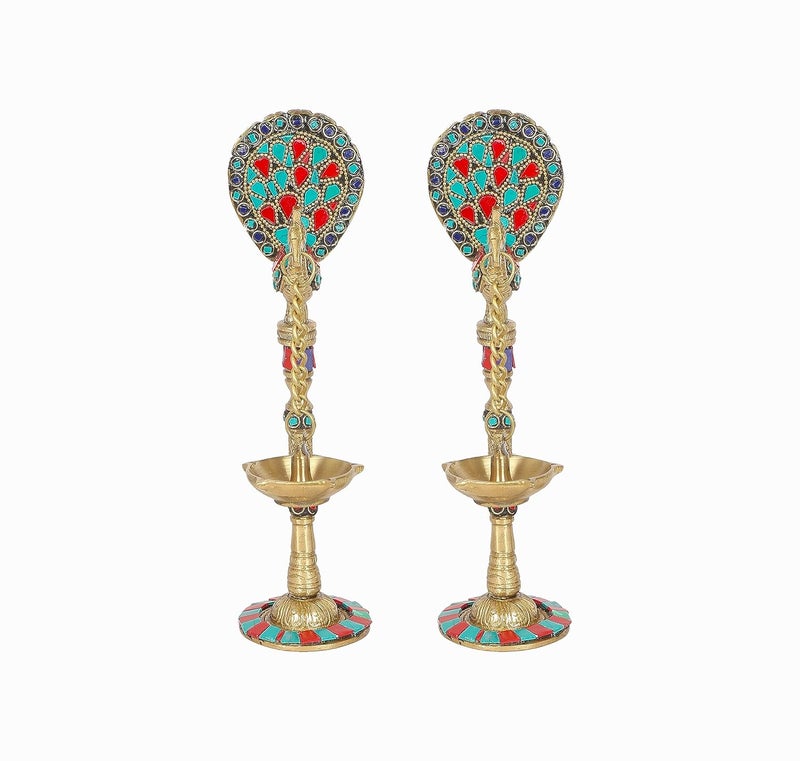 Two Moustaches Gemstone Work Peacock Design 9 Inches Brass Hanging Diya Pair Brass Diyas for Decoration Brass Oil Lamp Brass Diya for Puja Standard Pack of 2 - Image 4