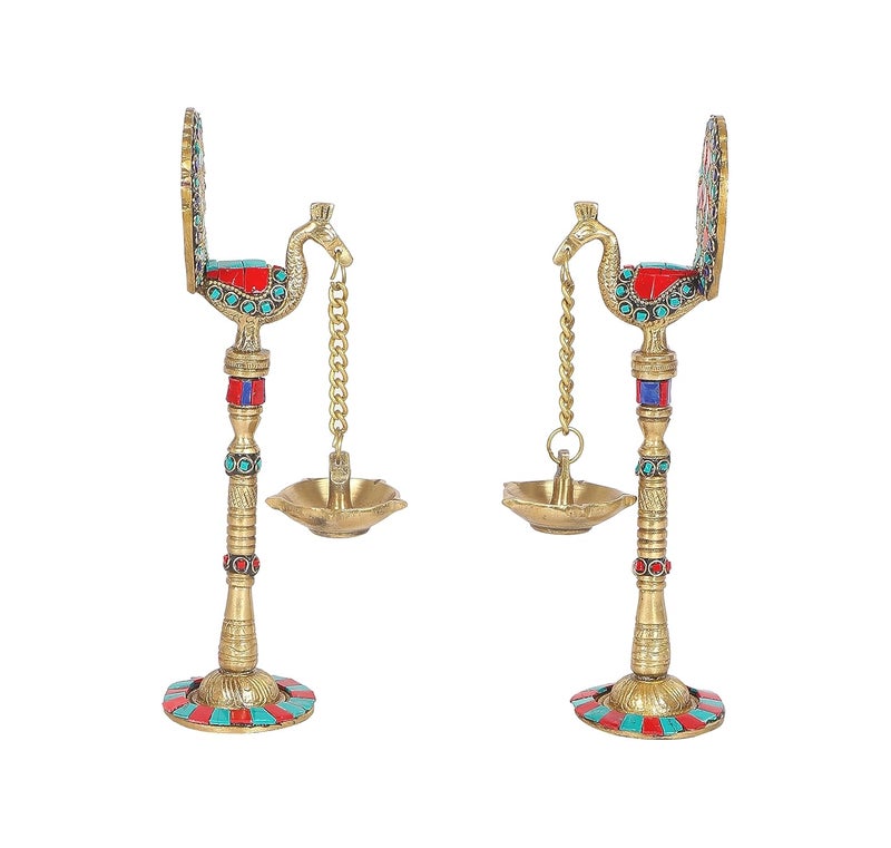 Two Moustaches Gemstone Work Peacock Design 9 Inches Brass Hanging Diya Pair Brass Diyas for Decoration Brass Oil Lamp Brass Diya for Puja Standard Pack of 2 - Image 1