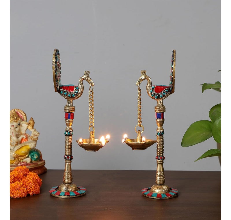 Two Moustaches Gemstone Work Peacock Design 9 Inches Brass Hanging Diya Pair Brass Diyas for Decoration Brass Oil Lamp Brass Diya for Puja Standard Pack of 2 - Image 3