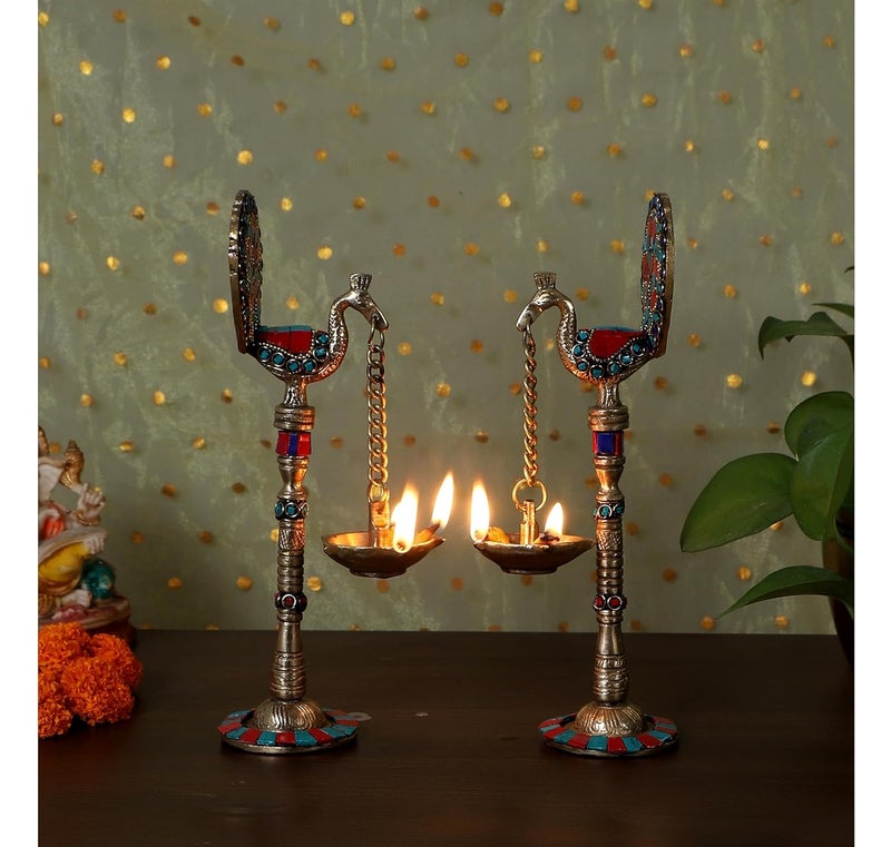 Two Moustaches Gemstone Work Peacock Design 9 Inches Brass Hanging Diya Pair Brass Diyas for Decoration Brass Oil Lamp Brass Diya for Puja Standard Pack of 2 - Image 5