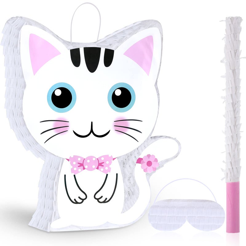 Aoriher Cat Piata with Blindfold and Bat Cat Birthday Party Supplies Kitty Piatas Pink and White for Party Favor Birthday Decorations 142 x 128 x 32 Inch Pink and White - Image 3
