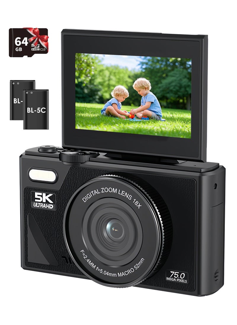 Generic - Digital Camera, 75MP Camera Digital for Photography, 5K Vlogging Camera, Kids Camera 18X Point and Shoot Digital Cameras with 64GB TF Card, 18X Zoom, 2 Battery - Image 1