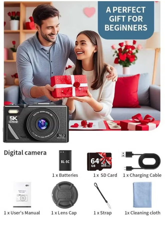 Digital Camera, 5K Vlogging Camera, Kids Camera 75MP Point and Shoot Digital Cameras with 64GB TF Card, 18X Zoom, For Kids Boys Girls