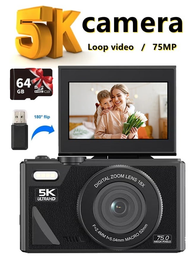 Generic Digital Camera, 5K Vlogging Camera, Kids Camera 75MP Point and Shoot Digital Cameras with 64GB TF Card, 18X Zoom, For Kids Boys Girls  - Image 1