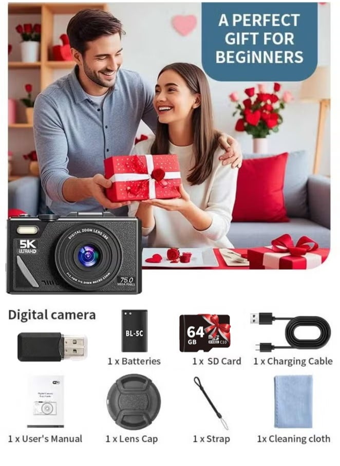 Digital Camera, 5K Vlogging Camera, Kids Camera 75MP Point and Shoot Digital Cameras with 64GB TF Card, 18X Zoom, For Kids Boys Girls