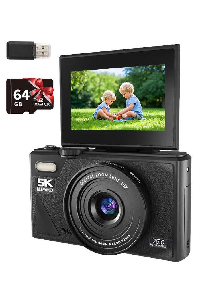 Generic Digital Camera, 5K Vlogging Camera, Kids Camera 75MP Point and Shoot Digital Cameras with 64GB TF Card, 18X Zoom, For Kids Boys Girls  - Image 1