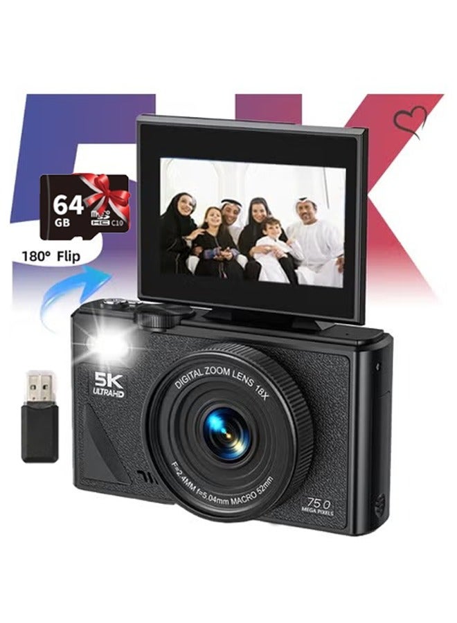 كاميرا رقمية ، كاميرا 5K Vlogging ، كاميرا الأطفال 75MP نقطة وإطلاق النار على الكاميرات الرقمية مع بطاقة TF 64GB ، زوم 18X ، للأطفال الأولاد البنات - Image 1