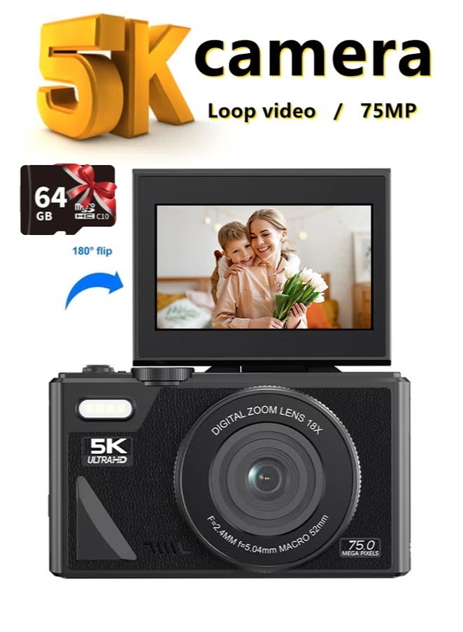 Digital Camera, 5K Vlogging Camera, Kids Camera 75MP Point and Shoot Digital Cameras with 64GB TF Card, 18X Zoom, For Kids Boys Girls - Image 1