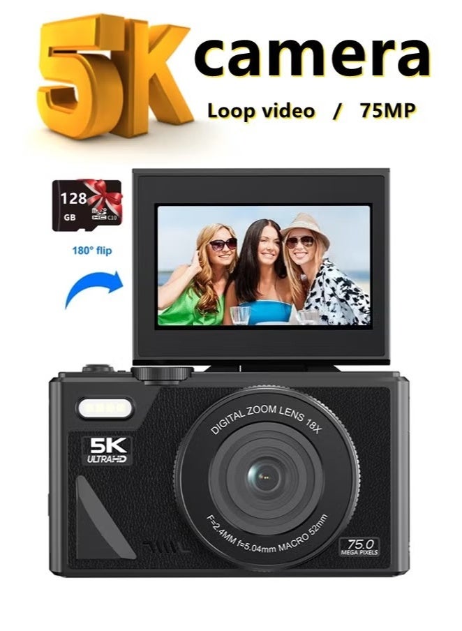 Digital Camera, 5K Point and Shoot Digital Cameras with 128GB TF Card, 75MP Vlogging Camera, 18X Zoom Digital Cameras for Kids Boys Girls - Image 1