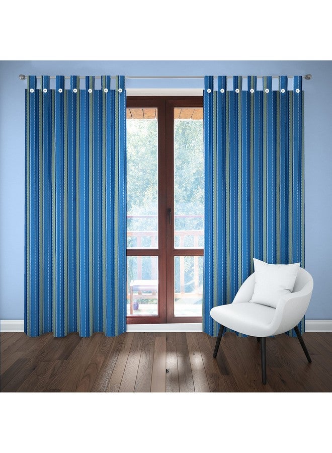 Tidy Tidy Blue with Yellow Cotton Fabric Door Curtain - Pack of 2 Pieces (6.5 Feet, Striped, Loop), Grommets - Image 1