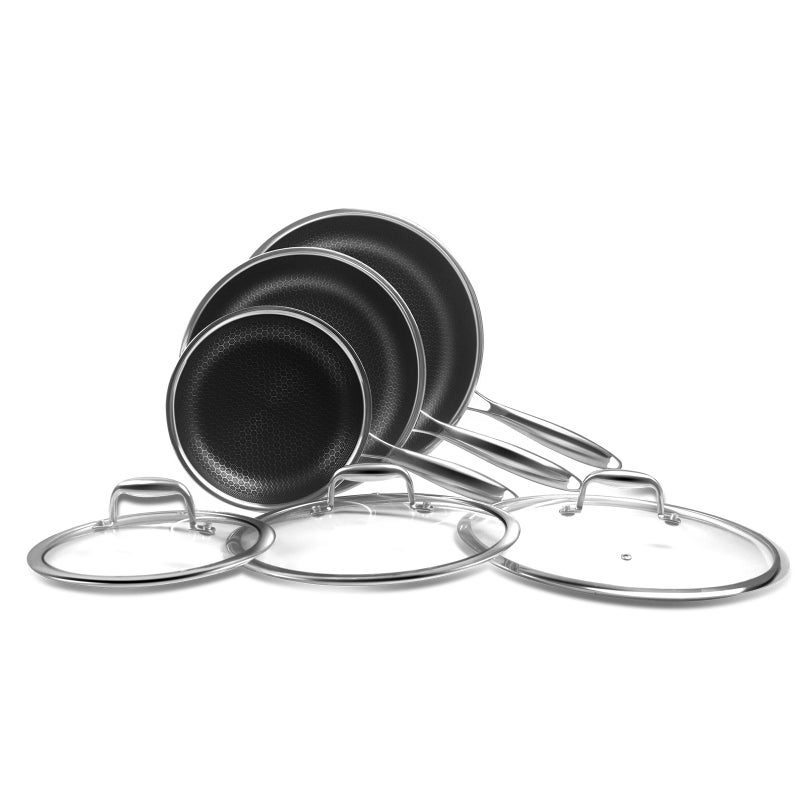 Cyrder 6Piece Frying Pan Set 8 10 and 12 inch Frying Pans Hybrid Nonstick 1810 Stainless Pans with Lid Even Fast Heating Compatible with Induction all Cooktop Dishwasher Oven Safe Easy Clean