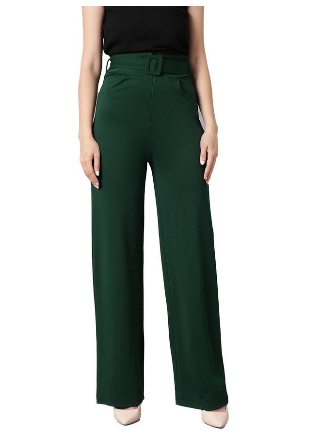 Kotty KOTTY Women's High Rise Viscose Rayon Relaxed Fit Korean Trousers Bottle Green  - Image 1