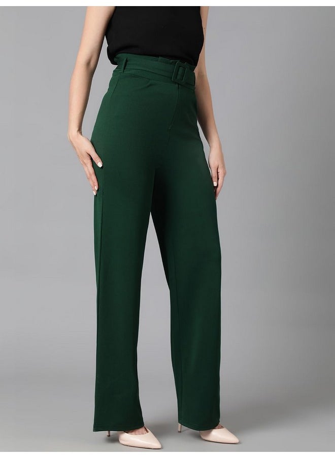 Kotty KOTTY Women's High Rise Viscose Rayon Relaxed Fit Korean Trousers Bottle Green  - Image 2