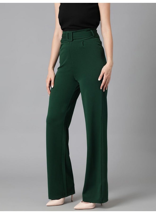 Kotty KOTTY Women's High Rise Viscose Rayon Relaxed Fit Korean Trousers Bottle Green  - Image 3