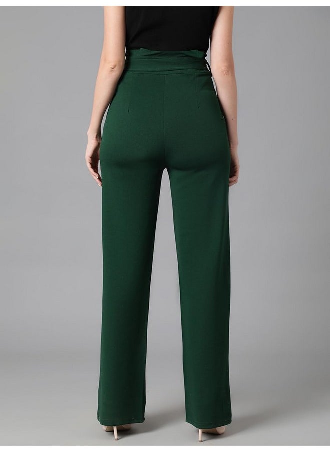 Kotty KOTTY Women's High Rise Viscose Rayon Relaxed Fit Korean Trousers Bottle Green  - Image 5