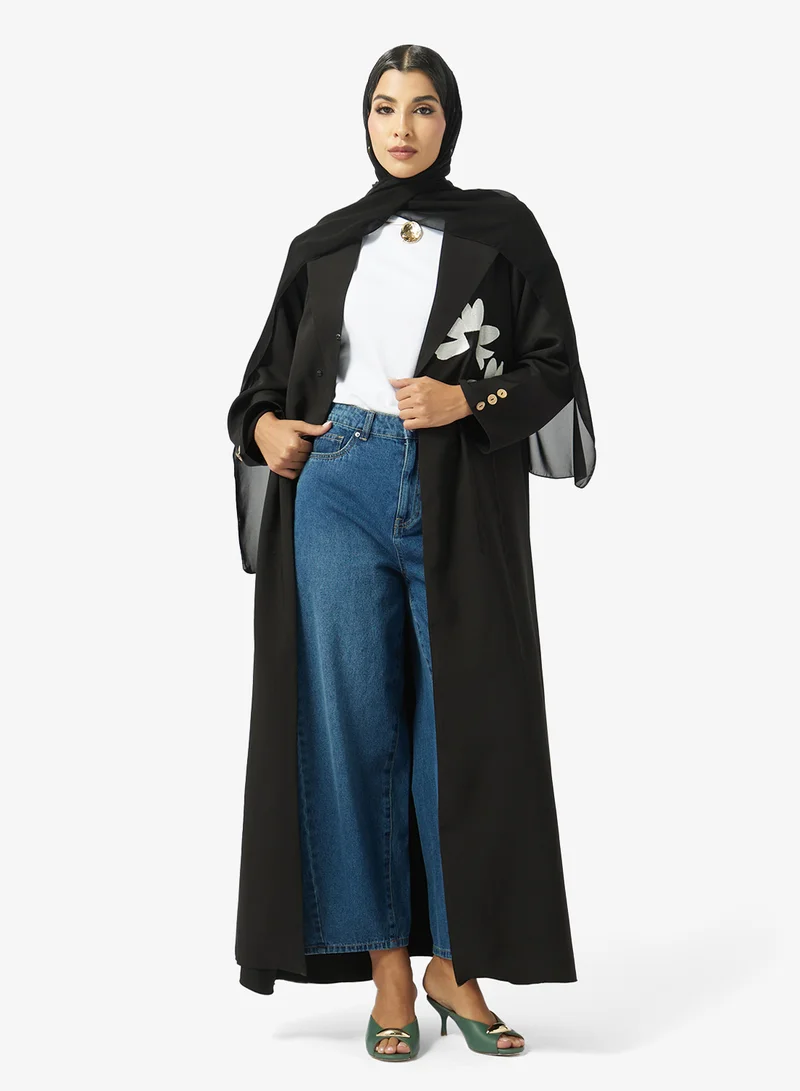 Floral Embellished Open Front Lapel Collar Abaya