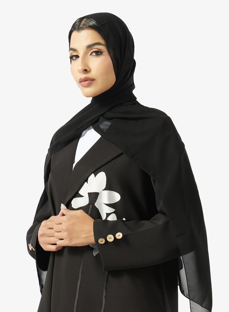 hayas closet Floral Embellished Open Front Lapel Collar Abaya - Image 5