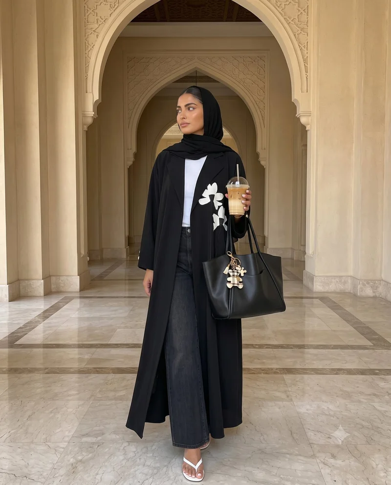 Hayas Closet Floral Embellished Open Front Lapel Collar Abaya