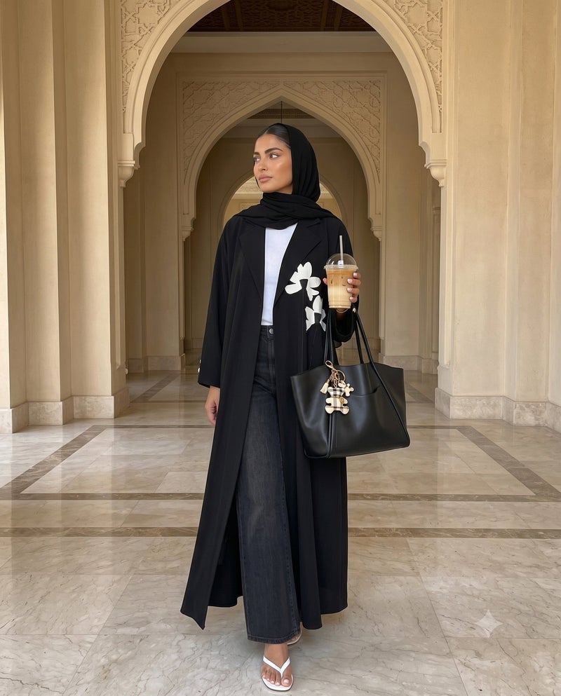 hayas closet Floral Embellished Open Front Lapel Collar Abaya - Image 1