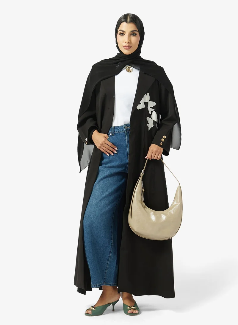 Hayas Closet Floral Embellished Open Front Lapel Collar Abaya