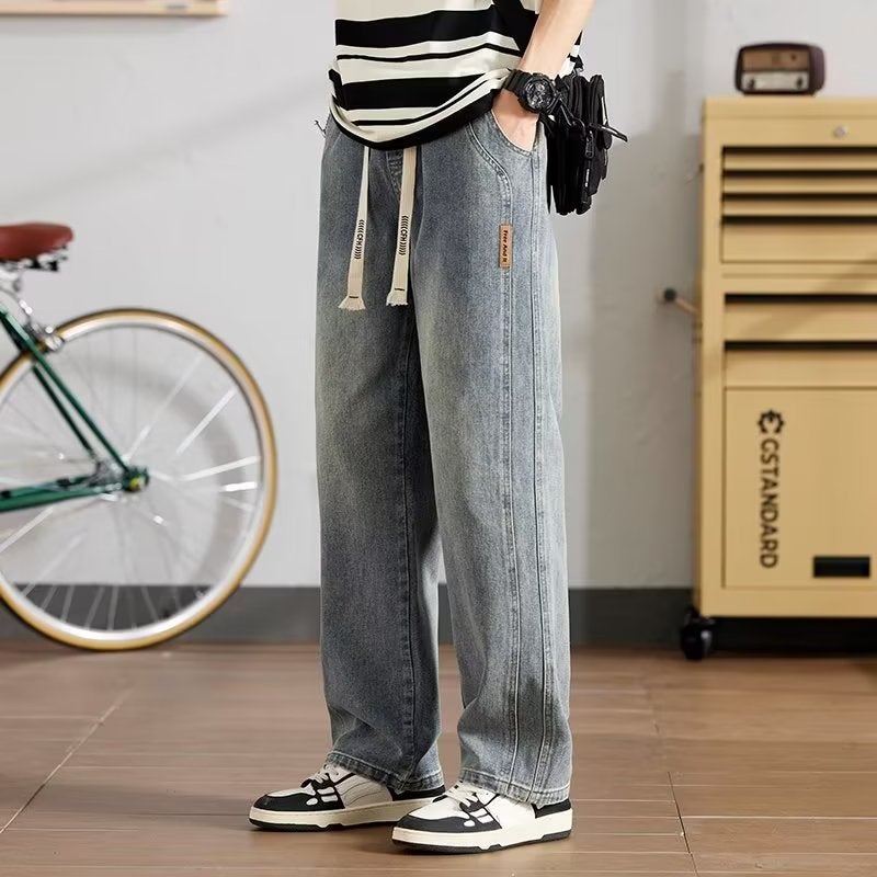 Summer Jeans Mens Spring and Autumn Thin American Style High Street Loose Straight Casual Wide Leg Long Pants Sports Students K840 Retro Blue 