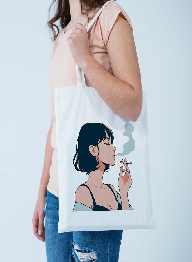 ARTBUG Tote Bag for Women, Aesthetic, Stylish, Ecofriendly, For College Girls, Office, Beach and Outings -Anime Style Smoking Woman Printed Canvas D - 376 - Image 2