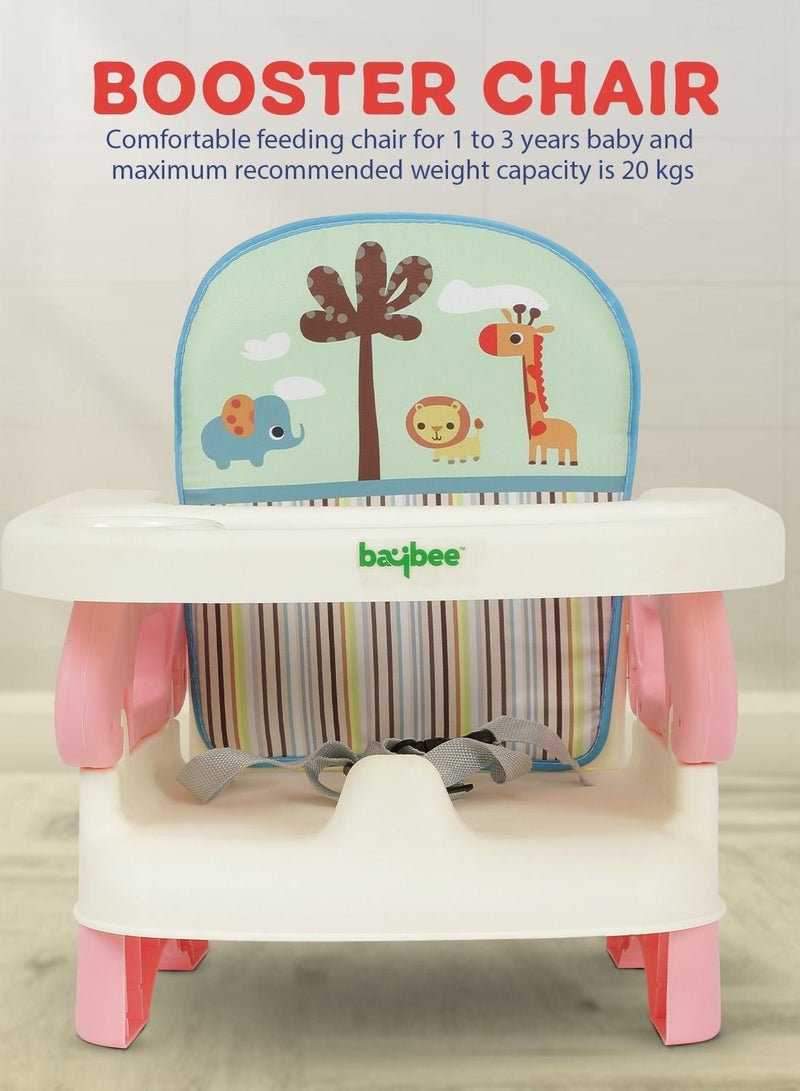BAYBEE Baybee Booster Seat for Feeding Baby Food Chair with Removable Dining Tray Comfortable Folding Seat 3 Point Safety Harness for Toddlers 1 to 3 Years Pink  - Image 2
