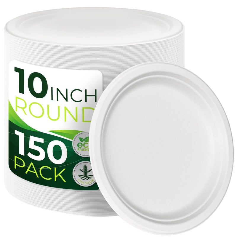 BIRCHIO 150pcs 100% Compostable Paper Plates (10in)  Heavy Duty  Eco Friendly  Biodegradable Made of Sugarcane Fiber - Image 1