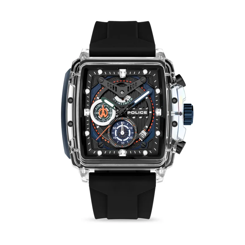 POLICE Clout Black Dial Black Silicone Strap Gents Chronograph Watch With Nylon Fiber Case