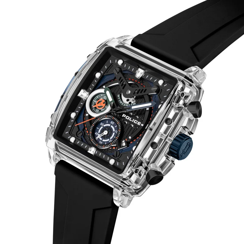 POLICE Clout Black Dial Black Silicone Strap Gents Chronograph Watch With Nylon Fiber Case