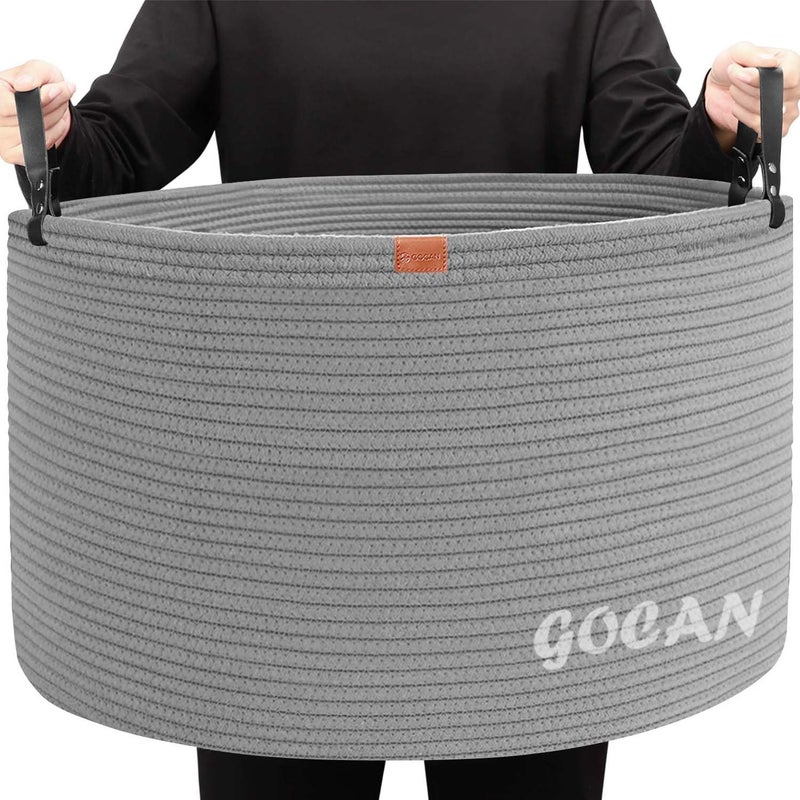 GOCAN Extra Large Storage Laundry Basket 22 X 22X 14 Cotton Rope Woven Basket for Blanket with Handles for Living Room Toys Storage XXXL Gery