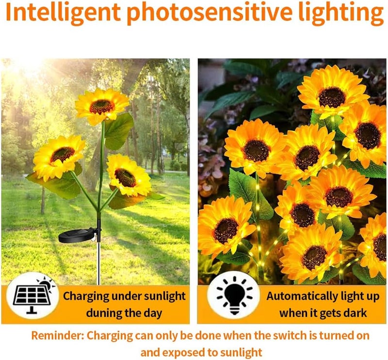 YZYOE 2 Packs LED Solar Three-Head Sunflower Decorative Lights - Outdoor Courtyard Atmosphere Lamp - Image 2