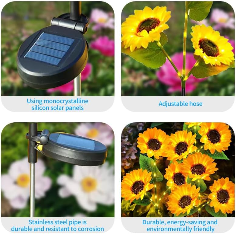 YZYOE 2 Packs LED Solar Three-Head Sunflower Decorative Lights - Outdoor Courtyard Atmosphere Lamp - Image 3