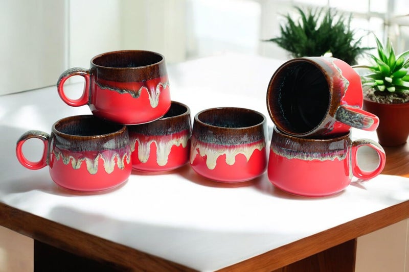 CRAF10 Red Wave Ceramic Tea Cups – Set of 6, 180 ML, Elegant & Durable, Microwave & Dishwasher Safe - Image 1