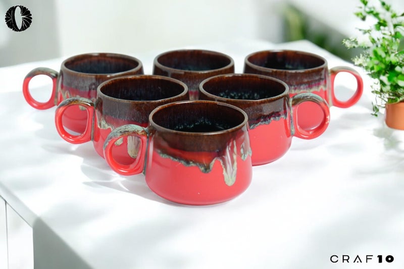 CRAF10 Red Wave Ceramic Tea Cups – Set of 6, 180 ML, Elegant & Durable, Microwave & Dishwasher Safe - Image 2