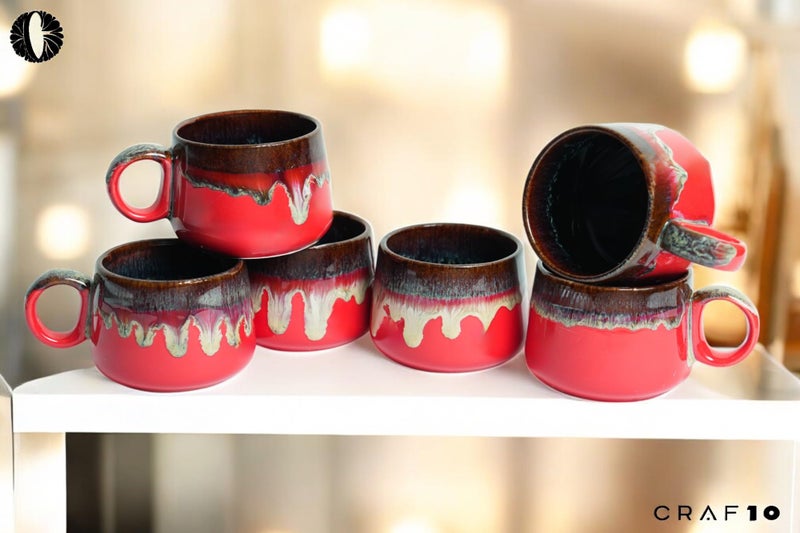 CRAF10 Red Wave Ceramic Tea Cups – Set of 6, 180 ML, Elegant & Durable, Microwave & Dishwasher Safe - Image 4