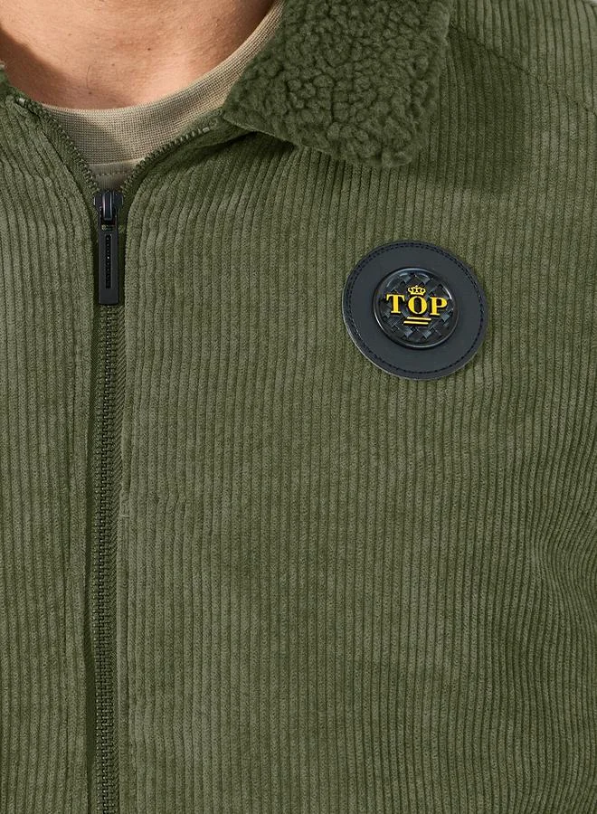 Styli Faux Fur Collar Corduroy Utility Jacket