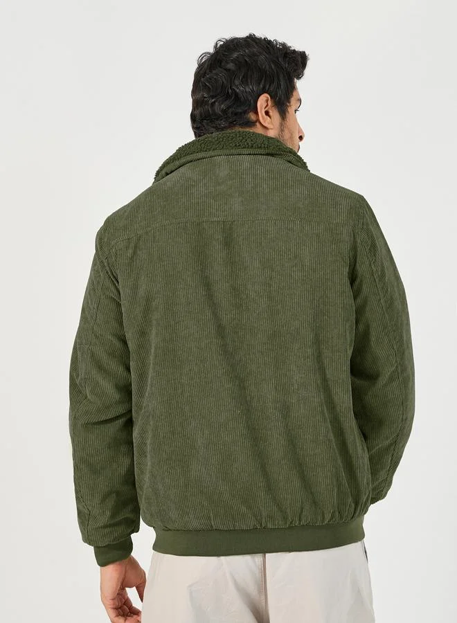 Styli Faux Fur Collar Corduroy Utility Jacket