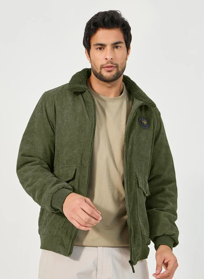 Styli Faux Fur Collar Corduroy Utility Jacket