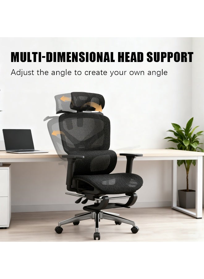 ميشيدا كرسي مكتب شبكي إرجوني، كرسي مكتب منزلي مريح بدعم пояс قابل للتعديل ووسادة رأس وذراعين ثلاثية الأبعاد ومنصة القدم، كراسي ألعاب كمبيوتر ذات ظهر عالي كبير قابل للإمالة للمنزل والمكتب، تحمل 350 باوند (شبكي، أسود) - Image 4
