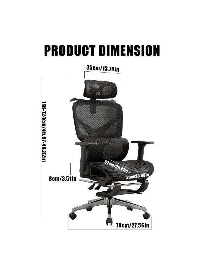 ميشيدا كرسي مكتب شبكي إرجوني، كرسي مكتب منزلي مريح بدعم пояс قابل للتعديل ووسادة رأس وذراعين ثلاثية الأبعاد ومنصة القدم، كراسي ألعاب كمبيوتر ذات ظهر عالي كبير قابل للإمالة للمنزل والمكتب، تحمل 350 باوند (شبكي، أسود) - Image 3